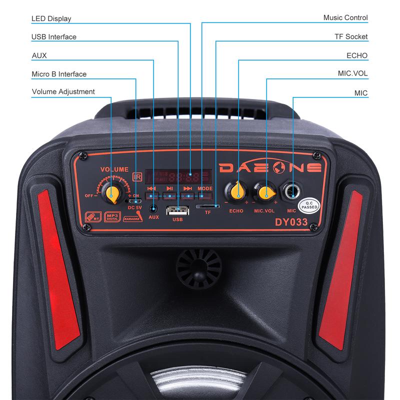 1000W Portable Bluetooth PA Speaker 8" Subwoofer Wireless Rechargeable Speaker With Microphone FM Radio LED - 5